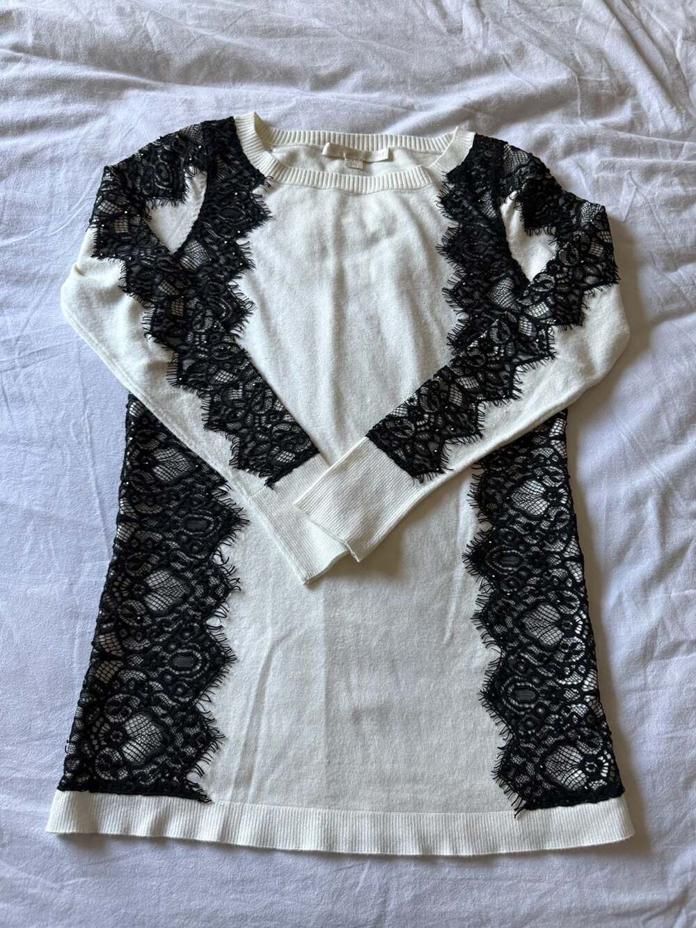 Boston Proper White And Black Lace Panel Sweater Dress XS